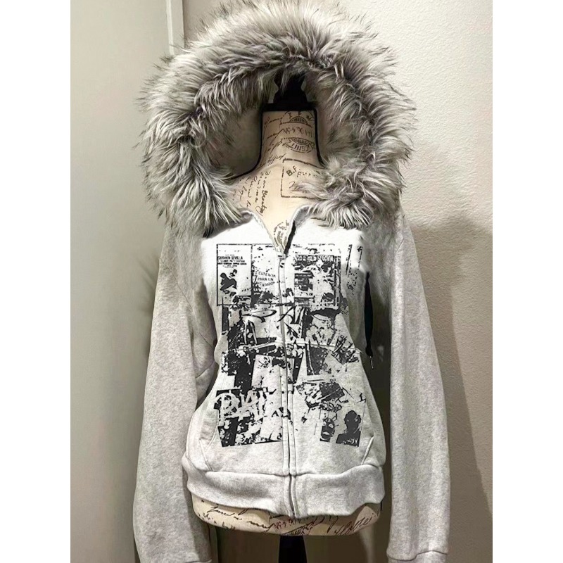 Women'S Fashion Zip Up Hoodies - Cinza pele do falso lã duplo
