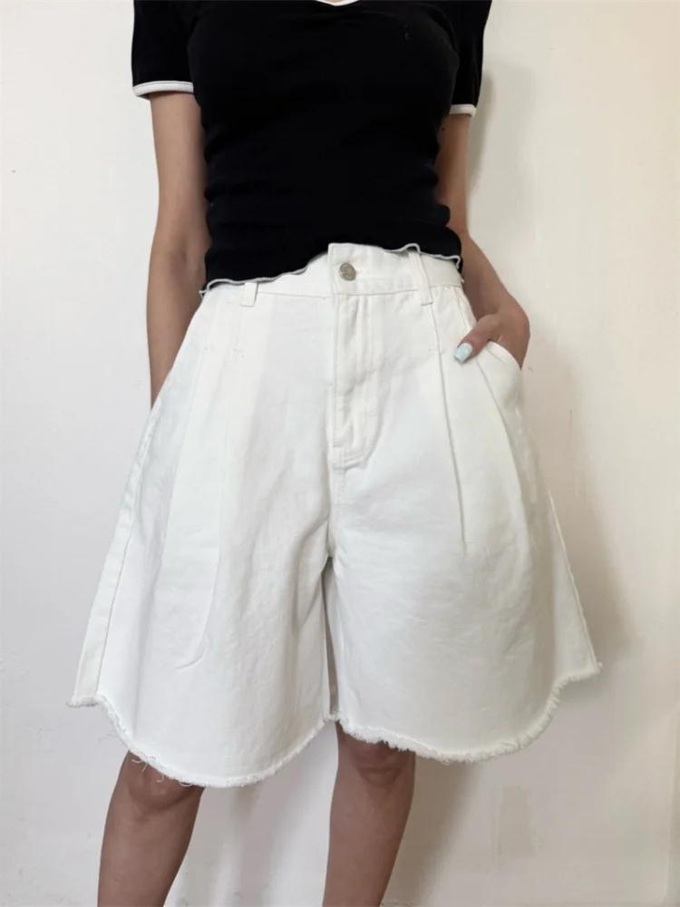 Women'S Fashion Trousers - Calças Jeans Curtas Femininas Plissadas Sólidas