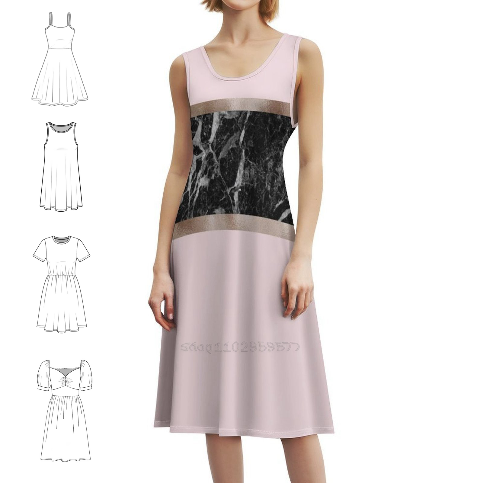 Women Fashion Gown - Morangos e creme-mármore preto e ouro