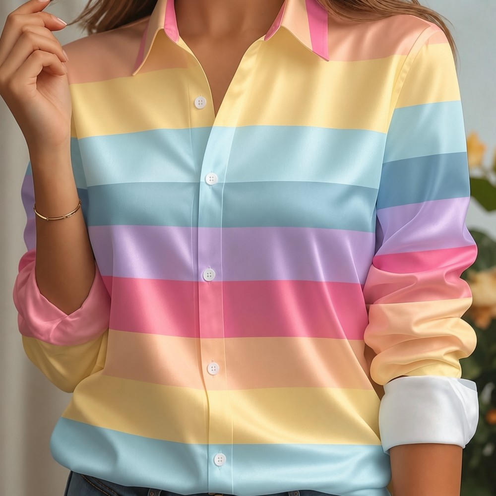 Women Fashion Outfits - Camisa Feminina de Cetim com Gola