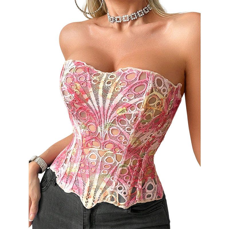 Corset Top Boned - Corselete Sexy de Renda Transparente e