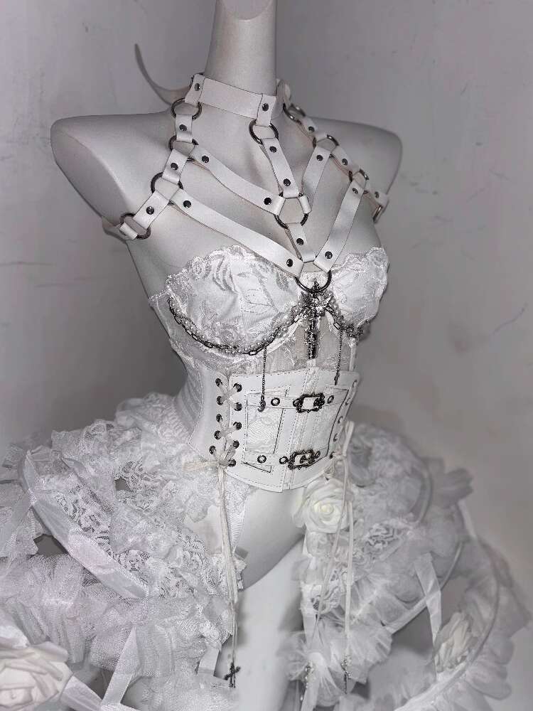 Corset Top Boned - Corset Lolita Gótico Branco Puro com