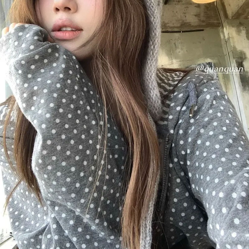 Women'S Fashion Zip Up Hoodies - Coreano polka dot casual impresso hoodies