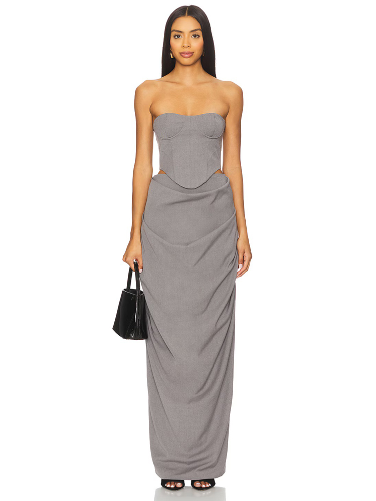 Corset Top Boned - Vestido Longo Cinza Off-Shoulder com Corset