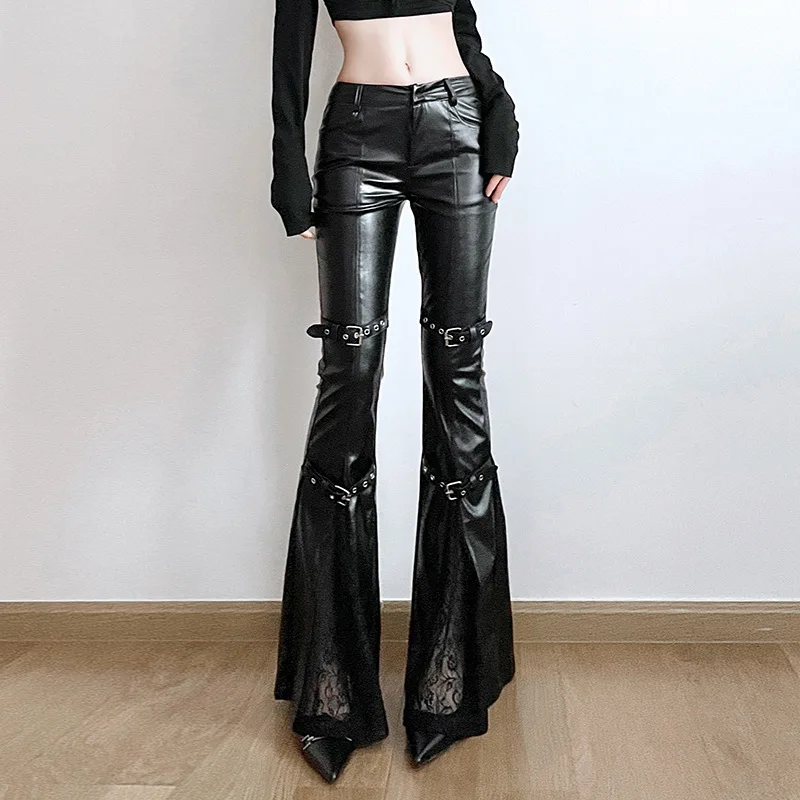 Women'S Fashion Trousers - Calça feminina de couro PU, fivela