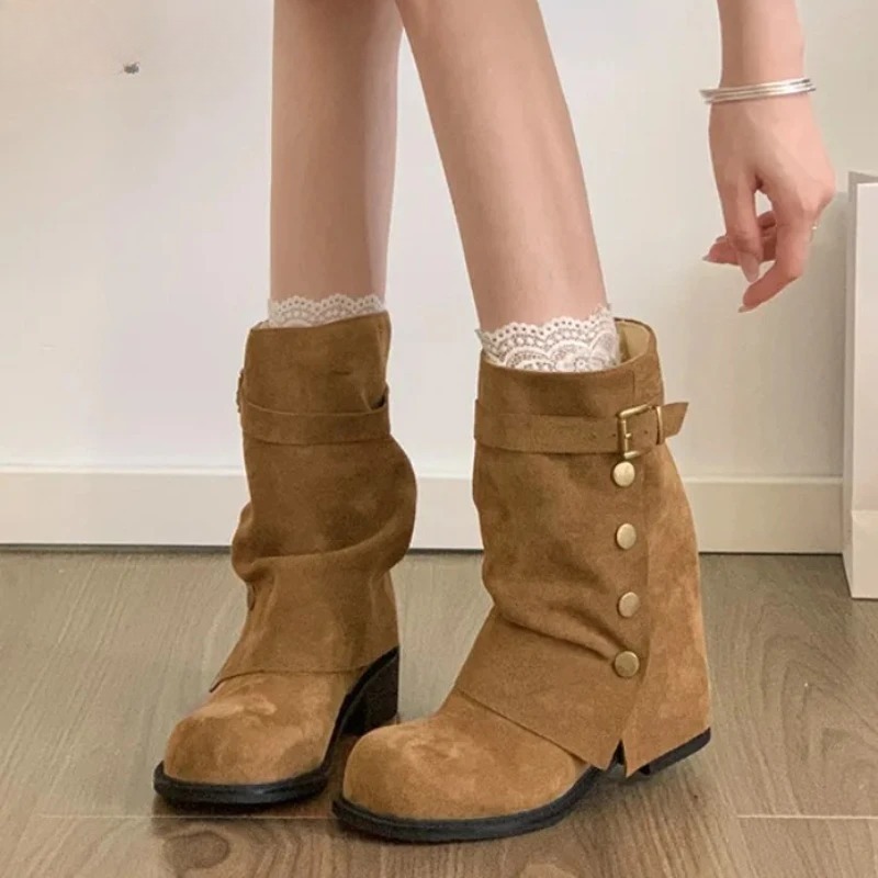 Botas Femininas de Salto Quadr - Women'S Fashion Trousers avaliação e preço