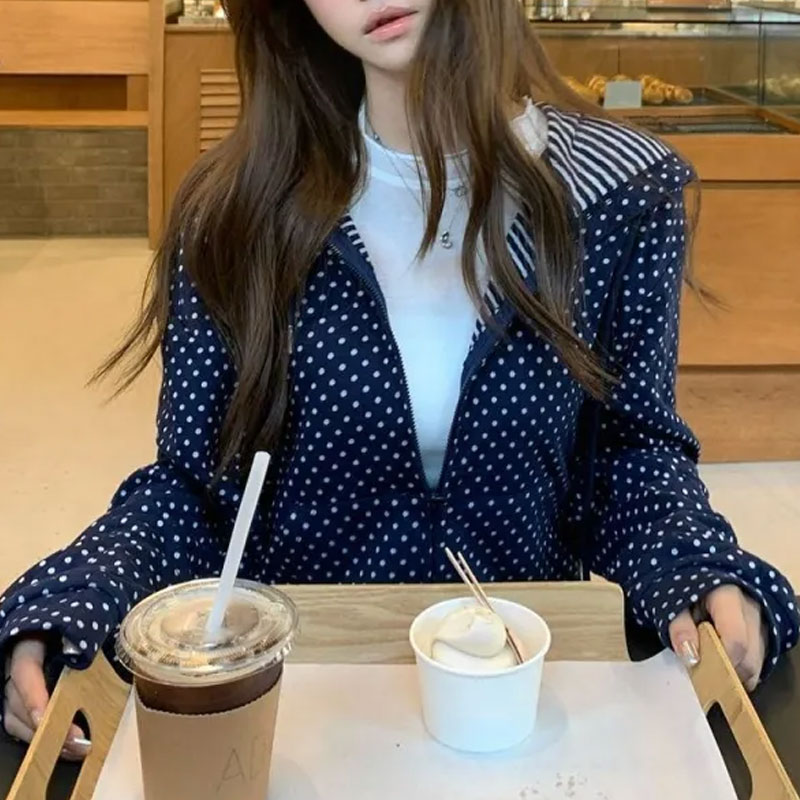 Coreano polka dot casual impre - Women'S Fashion Zip Up Hoodies avaliação e preço