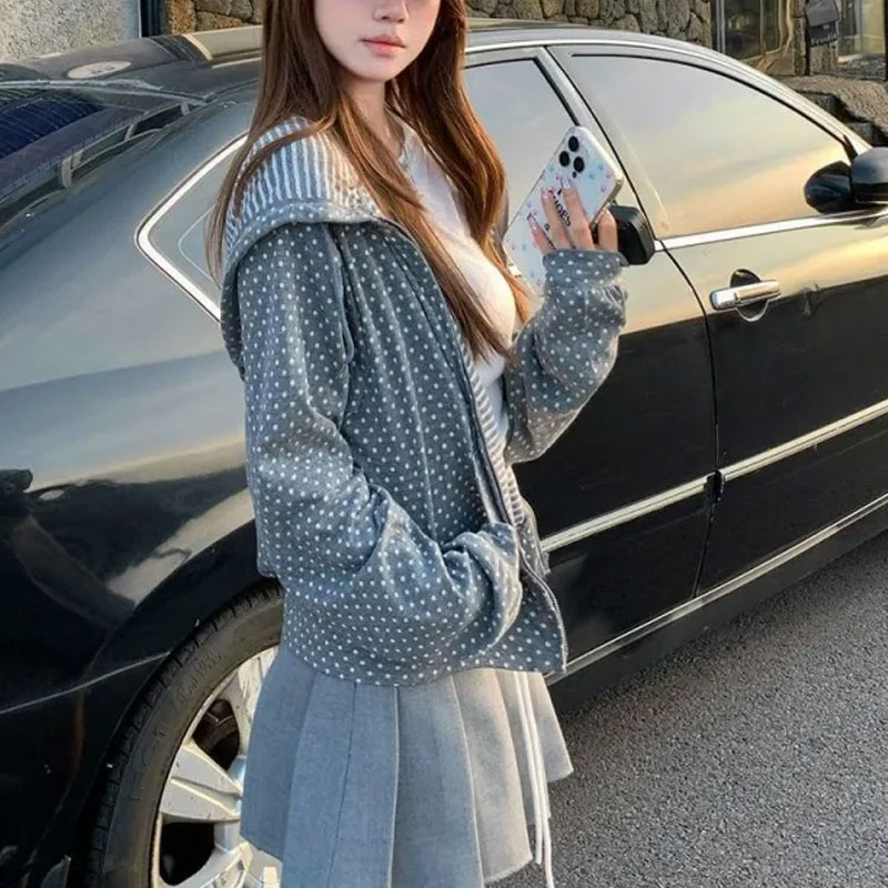 Coreano polka dot casual impre - Women'S Fashion Zip Up Hoodies avaliação e preço