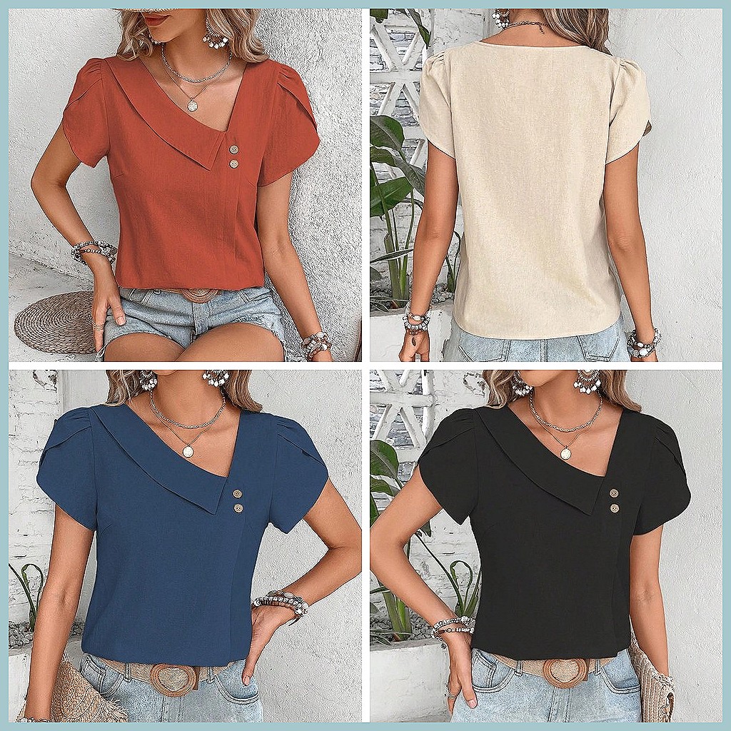 Blusa Vintage de Cor Sólida pa - Women'S Fashion Tops avaliação e preço